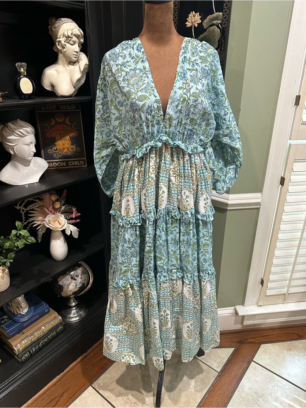 MYNAH by Smitha Signature Hand Block Print Dress – Blue & Green Floral